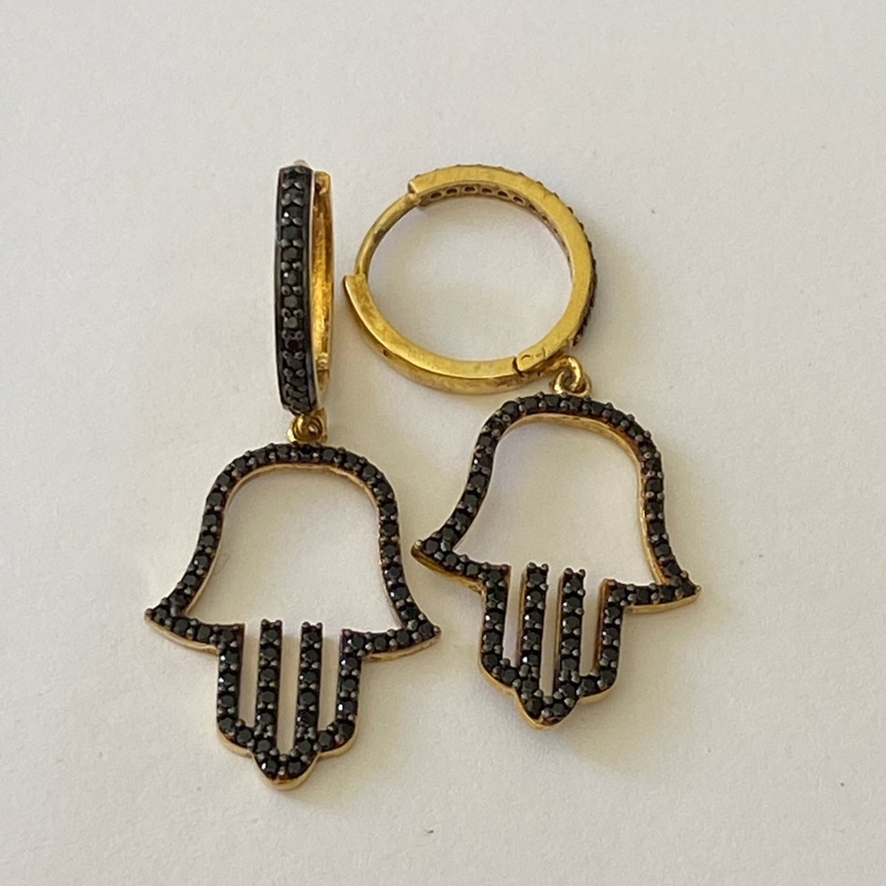 🤚🏻925 Silver black cz zirconia stones hand hoop earrings 18k yellow gold plated